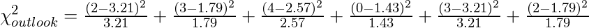 \chi ^{2}_{outlook} = \frac{(2-3.21)^{2}}{3.21}+\frac{(3-1.79)^{2}}{1.79}+\frac{(4-2.57)^{2}}{2.57}+\frac{(0-1.43)^{2}}{1.43}+\frac{(3-3.21)^{2}}{3.21}+\frac{(2-1.79)^{2}}{1.79}