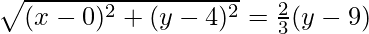 Rendered by QuickLaTeX.com \sqrt{(x-0)^2+(y-4)^2}=\frac{2}{3}(y-9)