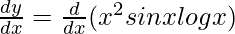 Rendered by QuickLaTeX.com \frac{dy}{dx}=\frac{d}{dx}(x^2sinxlogx)