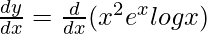 Rendered by QuickLaTeX.com \frac{dy}{dx}=\frac{d}{dx}(x^2e^xlog x)