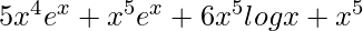 Rendered by QuickLaTeX.com 5x^4e^x+x^5e^x+6x^5logx+x^5