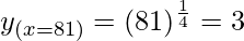Rendered by QuickLaTeX.com y_{(x=81)} = (81)^{\frac{1}{4}}= 3