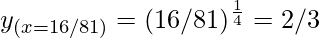 Rendered by QuickLaTeX.com y_{(x=16/81)} = (16/81)^{\frac{1}{4}}= 2/3