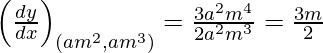 Rendered by QuickLaTeX.com \left(\frac{dy}{dx} \right)_{\left( a m^2 , a m^3 \right)} =\frac{3 a^2 m^4}{2 a^2 m^3}=\frac{3m}{2}