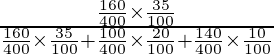 Rendered by QuickLaTeX.com \frac{\frac{160}{400} \times \frac{35}{100}}{\frac{160}{400} \times \frac{35}{100} + \frac{100}{400} \times \frac{20}{100} + \frac{140}{400} \times \frac{10}{100}}