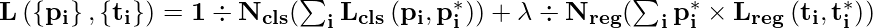 \kern 6pc \mathbf{L\left ( \left \{ p_{i}\right \}, \left \{ t_{i}\right \} \right ) = 1\div N_{cls}(\sum_{i} L_{cls}\left ( p_{i}, p_{i}^{*}\right )) + \lambda \div N_{reg}(\sum_{i} p_{i}^{*} \times L_{reg}\left (t_{i}, t_{i}^{*}\right ))} 