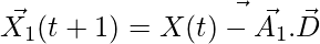 \vec{X_1}(t+1) = \vec{X_α}(t) - \vec{A_1}.\vec{D_α}