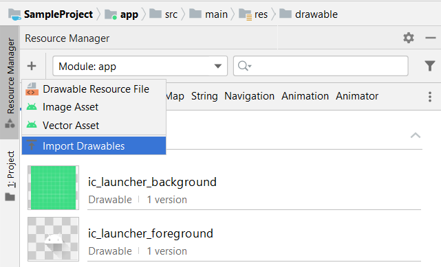 选择 Import Drawables 选项以添加图像文件