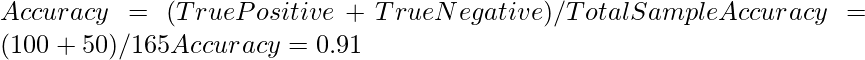 Accuracy = (TruePositive + TrueNegative)/TotalSample Accuracy = (100+50)/165 Accuracy = 0.91