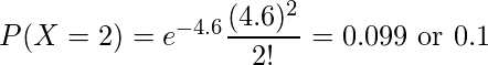  P(X=2) = e^{-4.6} \dfrac{(4.6)^2}{2!} = 0.099 \text{ or } 0.1 