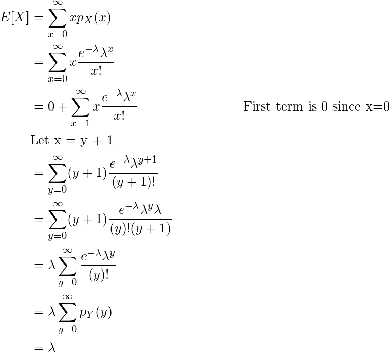  \begin{flalign*} E[X] &= \sum \limits_{x=0}^{\infty} xp_X(x)\\ &= \sum \limits_{x=0}^{\infty} x\dfrac{e^{-\lambda} \lambda ^x}{x!}\\ &= 0 + \sum \limits_{x=1}^{\infty} x\dfrac{e^{-\lambda} \lambda ^x}{x!} \hspace{3cm}\text{First term is 0 since x=0}\\ &\text{Let x = y + 1}\\ &= \sum \limits_{y=0}^{\infty} (y+1)\dfrac{e^{-\lambda} \lambda ^{y+1}}{(y+1)!}\\ &= \sum \limits_{y=0}^{\infty} (y+1)\dfrac{e^{-\lambda} \lambda ^{y} \lambda}{(y)!(y+1)}\\ &= \lambda \sum \limits_{y=0}^{\infty} \dfrac{e^{-\lambda} \lambda ^{y}}{(y)!}\\ &= \lambda \sum \limits_{y=0}^{\infty} p_Y(y)\\ &= \lambda \end{flalign*} 