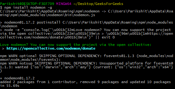 npm install nodemon -g 全局模块安装示例