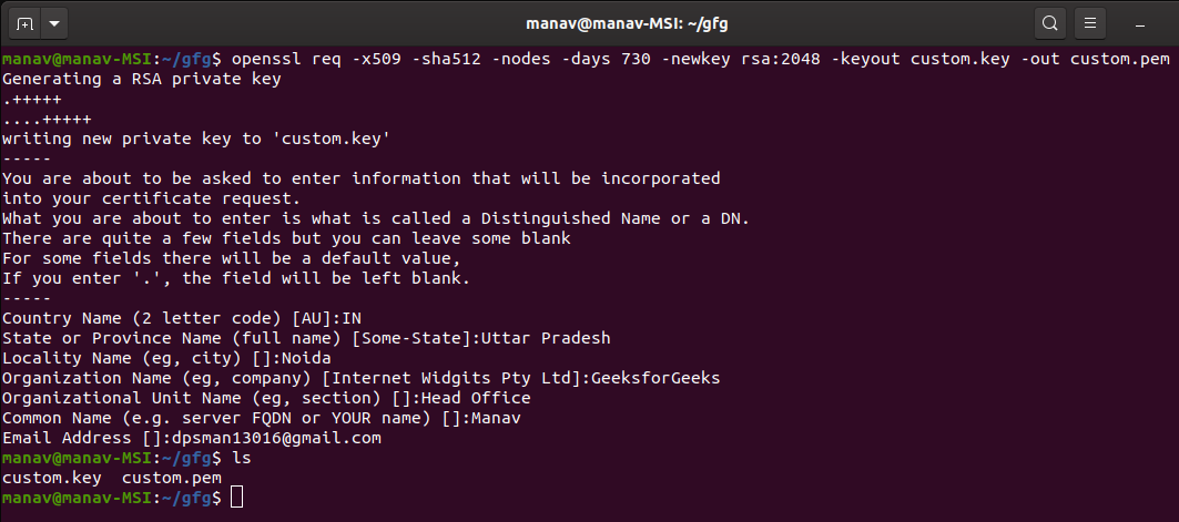 创建新私钥和自签名证书使用 Openssl-Commad-in-Linux