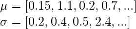 \mu = [0.15, 1.1, 0.2, 0.7, ...] \\ \sigma =[0.2, 0.4, 0.5, 2.4, ...]