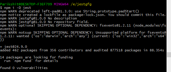 npm 安装笑话。 -D 关键字将 jest 安装为 dev 依赖项